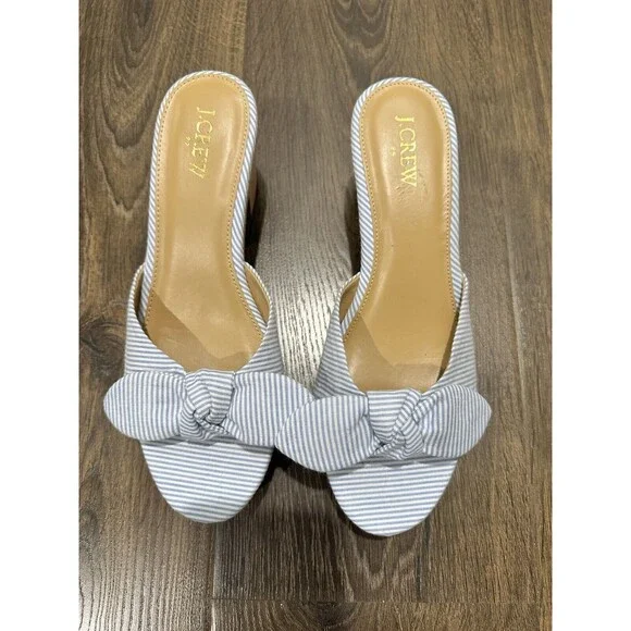New Women’s J. Crew Bow Blue Stripe Seersucker Printed Mules 8.5 - Picture 1 of 6